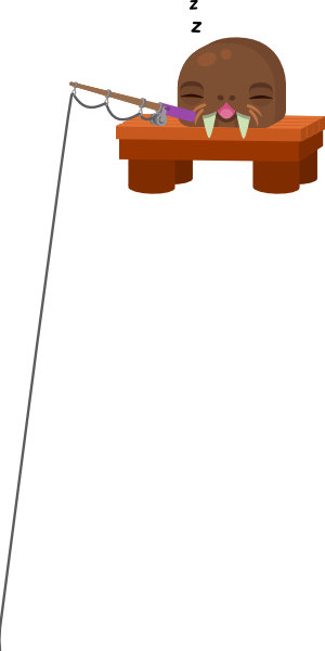 Walrus Blook drifts in and out
      of sleep while fishing from a dock, waking only as something tugs on the
      line.
